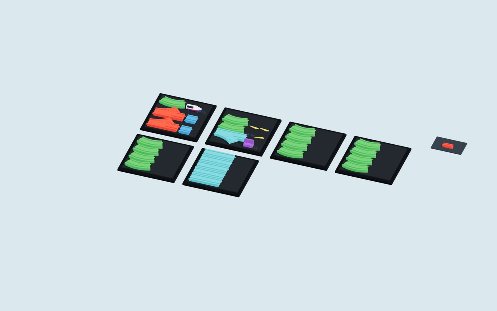 Einzelne Gleismodule und Zubehör auf virtuellen Druckplatten