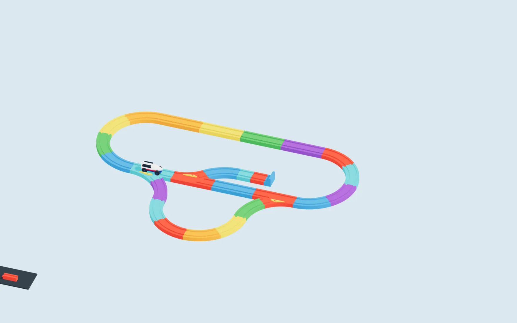 Gleisplan der confTrack-Magnetbahn mit Bahnhof und Weichen