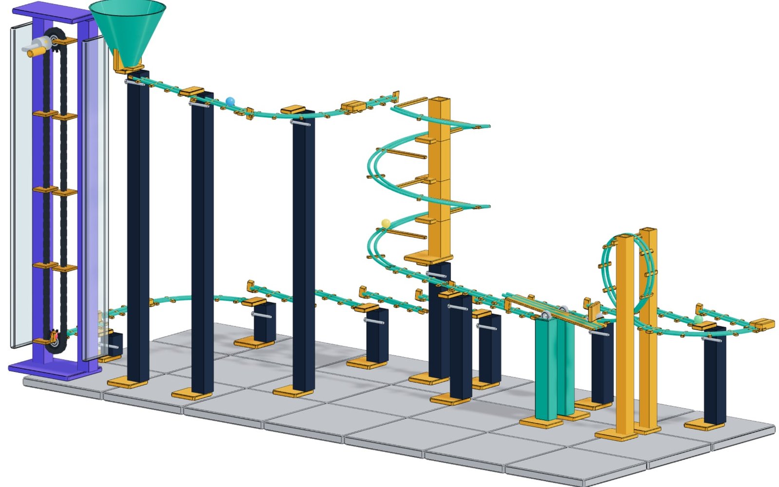 Gesamte Murmelbahn mit Kettenlift, Helix, Weiche und Looping